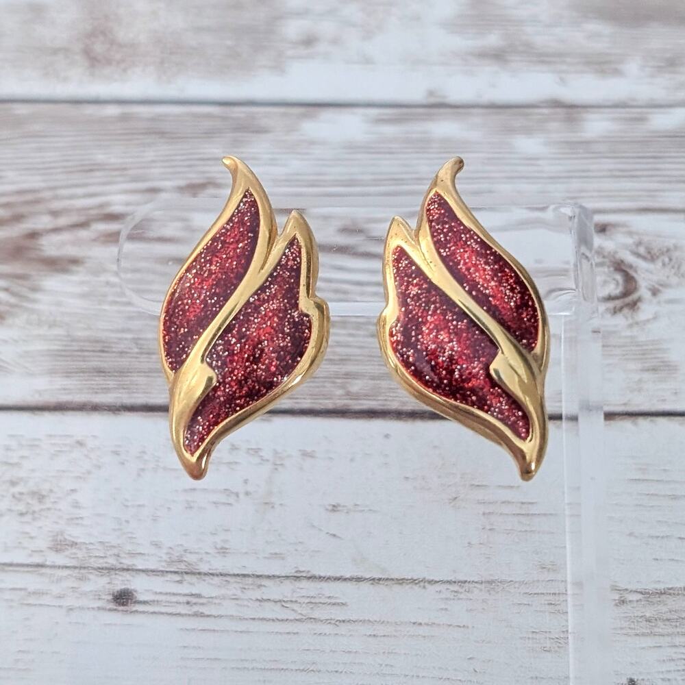 Vintage Avon Stud Earrings Red & Gold Tone Flame Large Statement